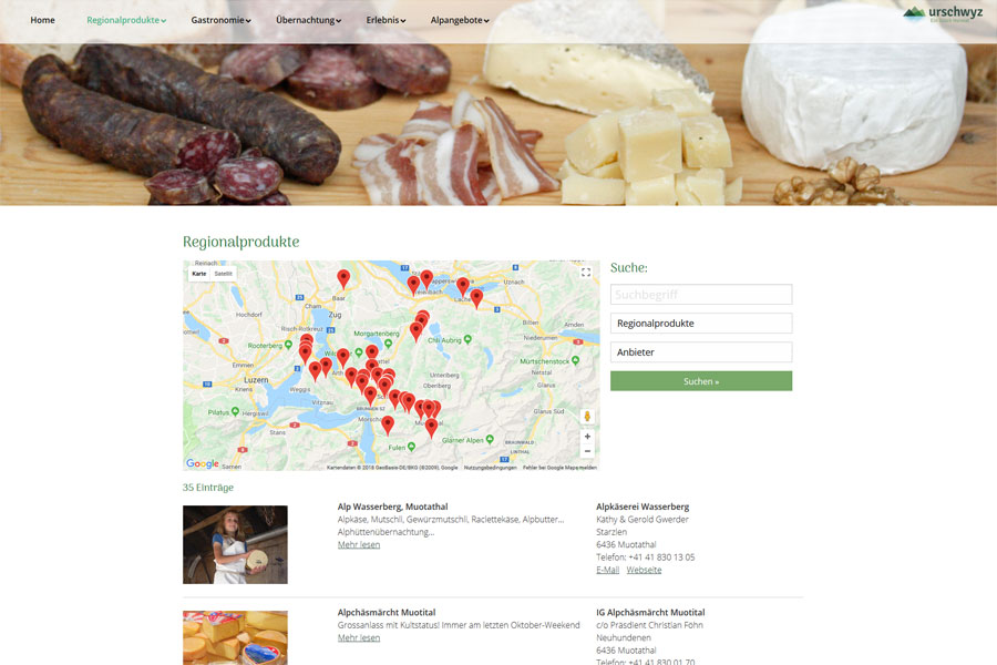 Ansicht Bereich Regionalprodukte mit Googel Map